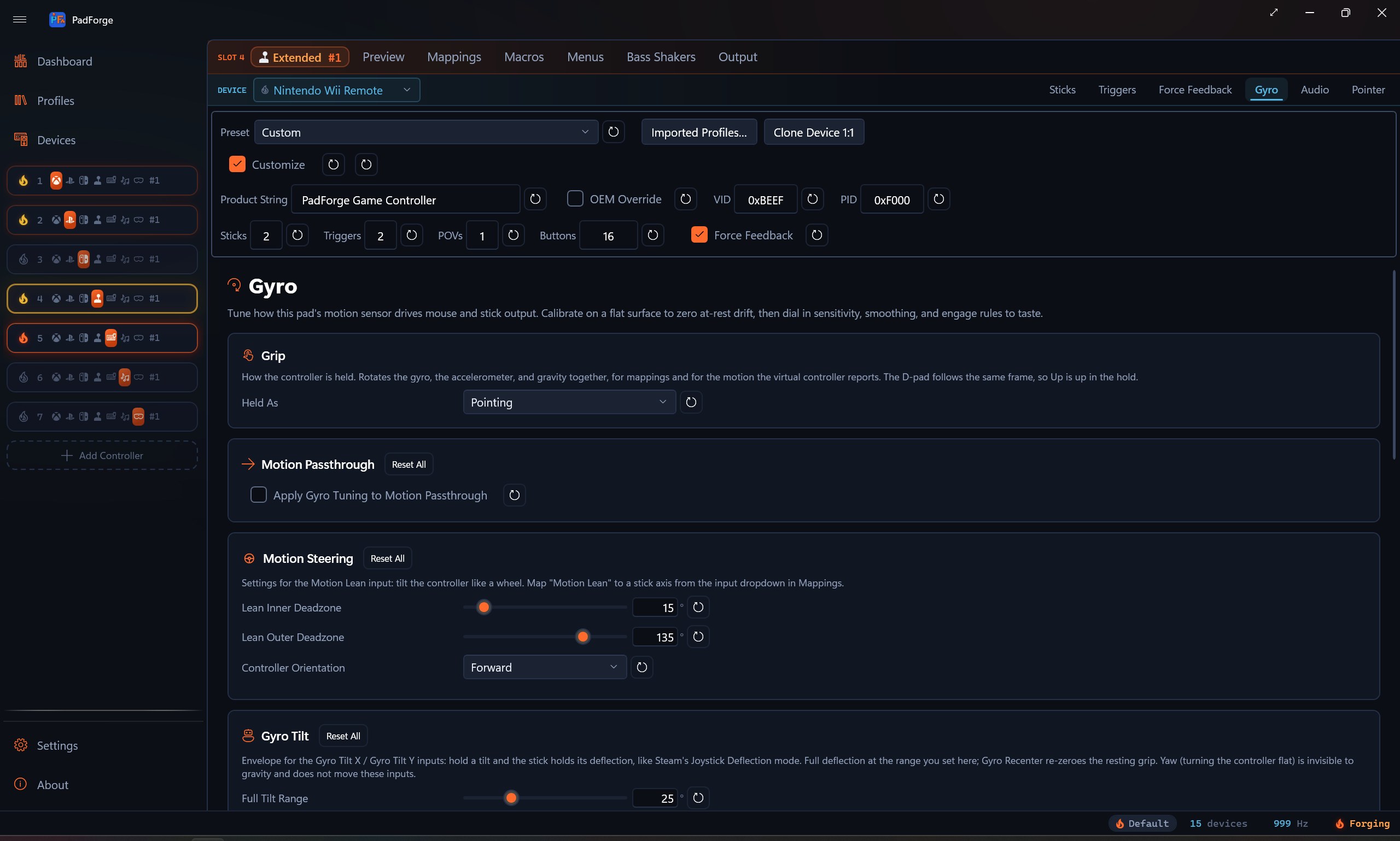 The Grip control in the Pad page's motion section
